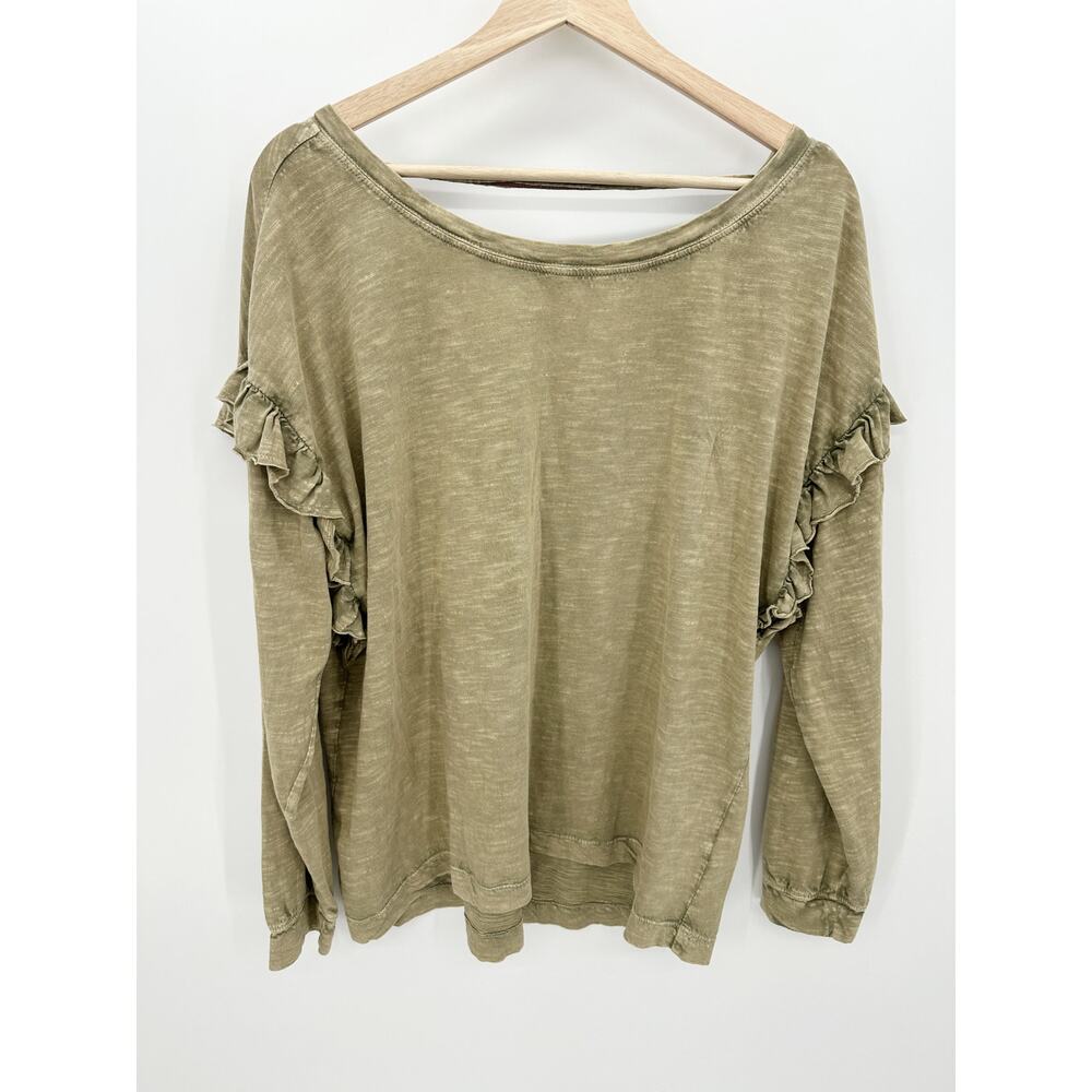 Pilcro Anthropologie Women Medium Moss Green Ruffle Open Back Tunic Tee R20